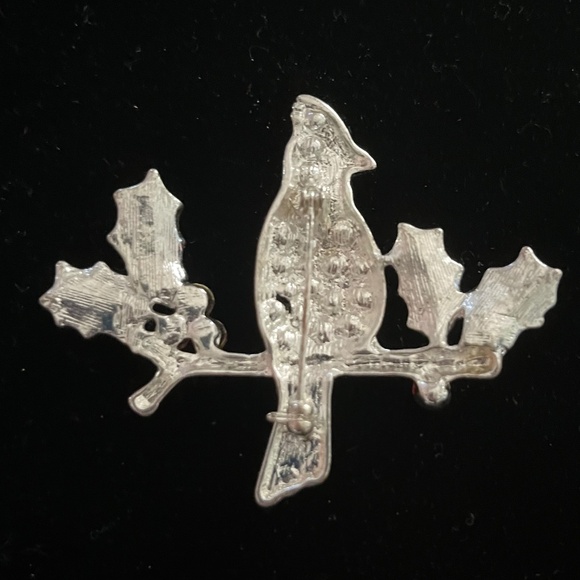 Vintage Christmas Cardinal Red Rhinestone Green Holly Silver Tone Metal Brooch - Picture 2 of 4